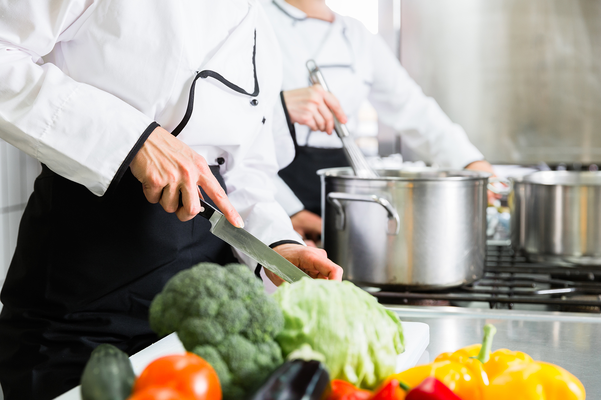 chefs preparing meals in commercial kitchen