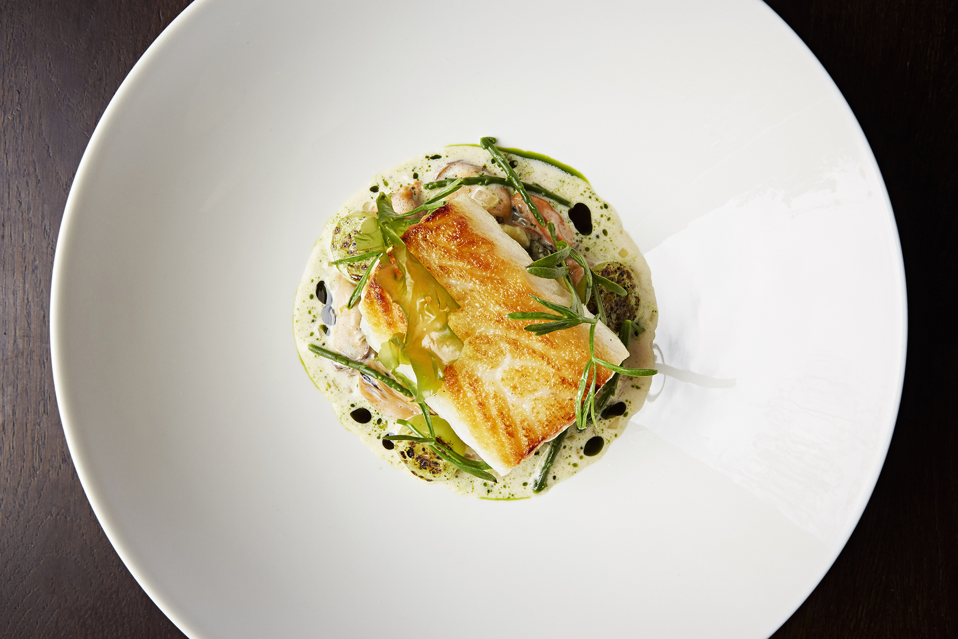 Gebräunter weißer Fisch mit Algen